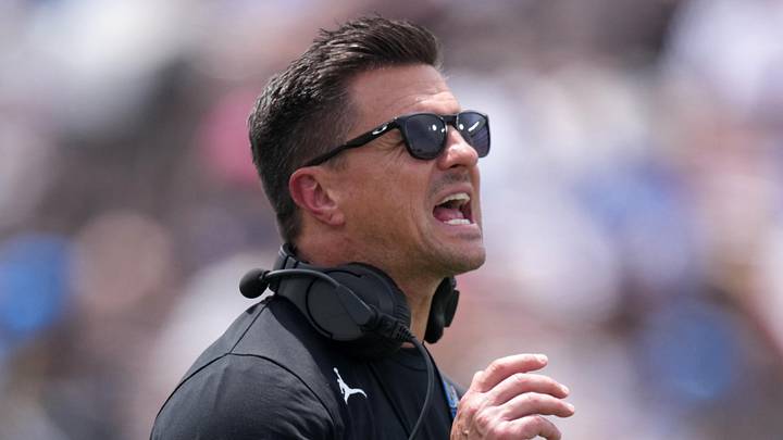 May 2, 2026; Pasadena, CA, USA; UCLA Bruins coach Bob Chesney reacts during the spring game at Rose Bowl. Mandatory Credit: Kirby Lee-Imagn Images
