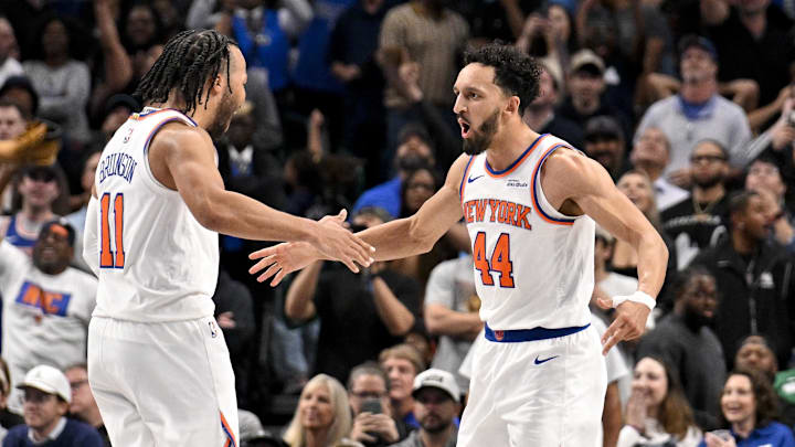 Nov 19, 2025; Dallas, Texas, USA; New York Knicks guard Jalen Brunson (11) and guard Landry Shamet (44) celebrate after Shamet makes a go ahead three point basket against the Dallas Mavericks during the fourth quarter at the American Airlines Center. Mandatory Credit: Jerome Miron-Imagn Images Nov 19, 2025; Dallas, Texas, USA; New York Knicks guard Jalen Brunson (11) and guard Landry Shamet (44) celebrate after Shamet makes a go ahead three point basket against the Dallas Mavericks during the fourth quarter at the American Airlines Center. Mandatory Credit: Jerome Miron-Imagn Images