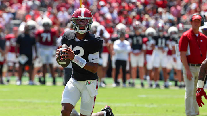 Apr 11, 2026; Tuscaloosa, AL, USA; Alabama Crimson Tide quarterback Keelon Russell (12) looks for a receiver during the Alabama A-Day spring football scrimmage game at Saban Field at Bryant-Denny Stadium. Mandatory Credit: David Leong-Imagn Images