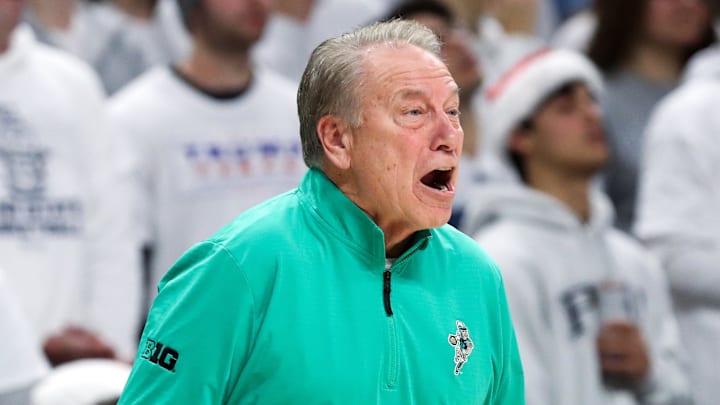 Dec 13, 2025; University Park, Pennsylvania, USA; Michigan State Spartans head coach Tom Izzo reacts from the bench during the first half against the Penn State Nittany Lions at Bryce Jordan Center. Mandatory Credit: Matthew O'Haren-Imagn Images Dec 13, 2025; University Park, Pennsylvania, USA; Michigan State Spartans head coach Tom Izzo reacts from the bench during the first half against the Penn State Nittany Lions at Bryce Jordan Center. Mandatory Credit: Matthew O'Haren-Imagn Images