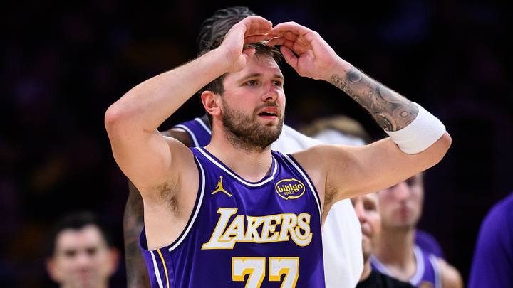 Mar 27, 2026; Los Angeles, California, USA; Los Angeles Lakers guard Luka Doncic (77) reacts during the second half against the Brooklyn Nets at Crypto.com Arena. Mandatory Credit: William Liang-Imagn Images