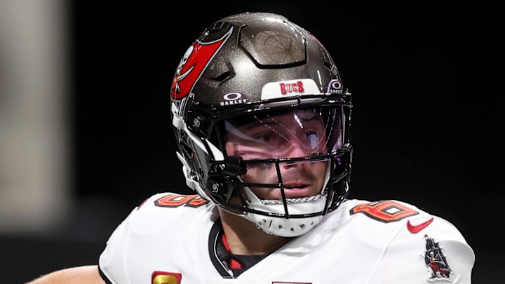 Sep 7, 2025; Atlanta, Georgia, USA; Tampa Bay Buccaneers quarterback Baker Mayfield (6) looks to pass the ball against the Atlanta Falcons during the first quarter at Mercedes-Benz Stadium. Mandatory Credit: Brett Davis-Imagn Images