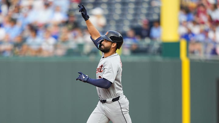 May 30, 2025; Kansas City, Missouri, USA; Detroit Tigers left fielder Riley Greene (31) rounds the bases after hitting a home run during the first inning against the Kansas City Royals at Kauffman Stadium. 