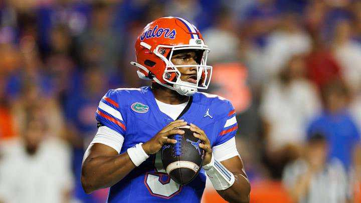 Florida Gators quarterback Tramell Jones Jr. (9) looks to throw the ball against the Florida Atlantic Owls during the second half at Ben Hill Griffin Stadium. Florida Gators quarterback Tramell Jones Jr. (9) looks to throw the ball against the Florida Atlantic Owls during the second half at Ben Hill Griffin Stadium.