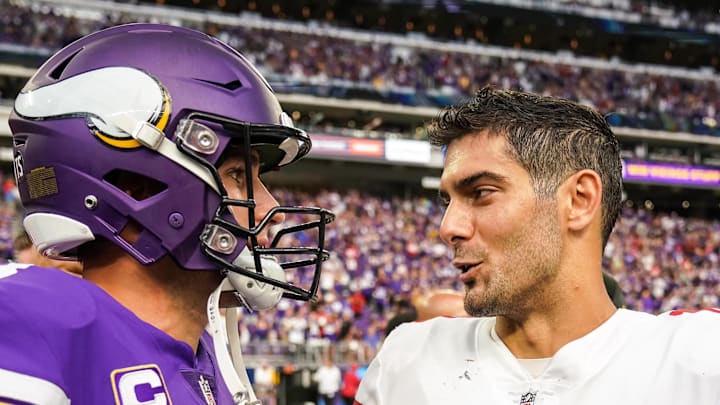 Minnesota Vikings quarterback Kirk Cousins (8) talks with San Francisco 49ers quarterback Jimmy Garoppolo (10). Mandatory Credit: Brace Hemmelgarn-Imagn Images Minnesota Vikings quarterback Kirk Cousins (8) talks with San Francisco 49ers quarterback Jimmy Garoppolo (10). Mandatory Credit: Brace Hemmelgarn-Imagn Images
