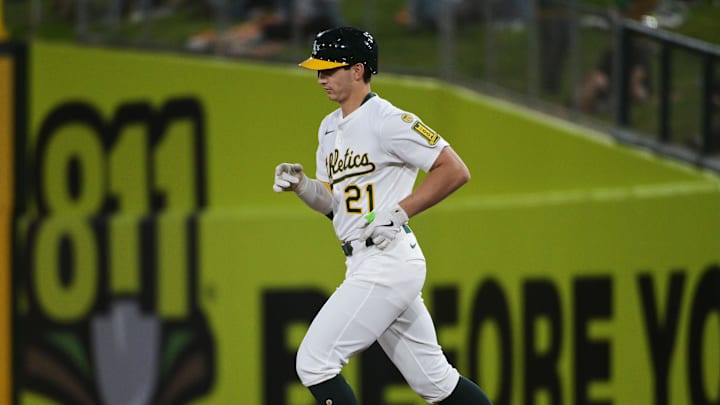 Apr 7, 2025; West Sacramento, California, USA; Athletics first base Tyler Soderstrom (21) rounds the bases after hitting a home run against the San Diego Padres during the third inning at Sutter Health Park. Mandatory Credit: Ed Szczepanski-Imagn Images Apr 7, 2025; West Sacramento, California, USA; Athletics first base Tyler Soderstrom (21) rounds the bases after hitting a home run against the San Diego Padres during the third inning at Sutter Health Park. Mandatory Credit: Ed Szczepanski-Imagn Images