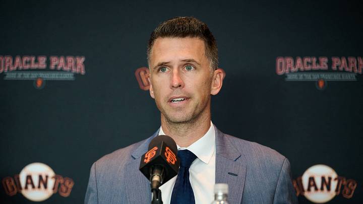 San Francisco, CA, USA; San Francisco Giants president of baseball operations Buster Posey addresses the media during an introductory press conference at Oracle Park.  Mandatory Credit: Robert Edwards-Imagn Images
