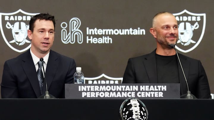 Feb 10, 2026; Henderson, NV, USA; Las Vegas Raiders coach Klint Kubiak (left) and general manager John Spytek at introductory press conference at Intermountain Health Performance Center. Mandatory Credit: Kirby Lee-Imagn Images Feb 10, 2026; Henderson, NV, USA; Las Vegas Raiders coach Klint Kubiak (left) and general manager John Spytek at introductory press conference at Intermountain Health Performance Center. Mandatory Credit: Kirby Lee-Imagn Images