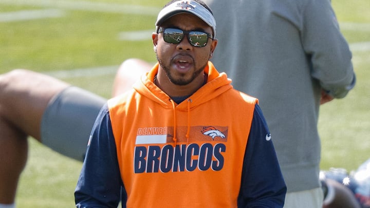 Denver Broncos defensive backs coach Christian Parker during training camp at UCHealth Training Complex.