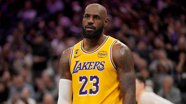 Jan 12, 2026; Sacramento, California, USA; Los Angeles Lakers forward LeBron James (23) reacts after the Sacramento Kings made a three point basket in the third quarter at the Golden 1 Center. Mandatory Credit: Cary Edmondson-Imagn Images