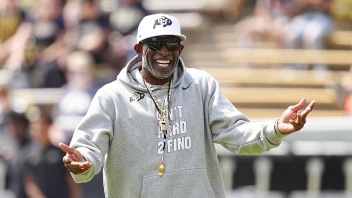 Sep 6, 2025; Boulder, Colorado, USA; Colorado Buffaloes head coach Deion Sanders before the game against the Delaware Fightin Blue Hens at Folsom Field. Mandatory Credit: Ron Chenoy-Imagn Images Sep 6, 2025; Boulder, Colorado, USA; Colorado Buffaloes head coach Deion Sanders before the game against the Delaware Fightin Blue Hens at Folsom Field. Mandatory Credit: Ron Chenoy-Imagn Images