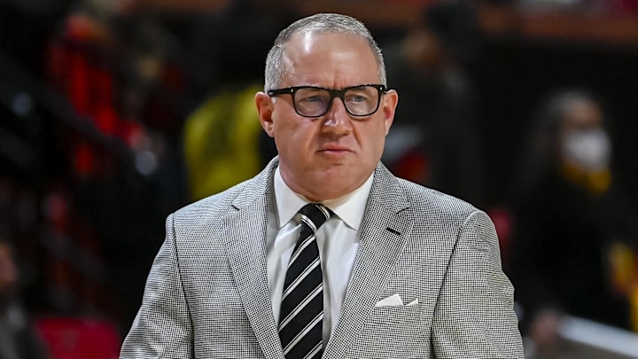 Dec 2, 2025; College Park, Maryland, USA; Maryland Terrapins head coach Buzz Williams walks down the sidelines during the first half against the Wagner Seahawks at Xfinity Center. Dec 2, 2025; College Park, Maryland, USA; Maryland Terrapins head coach Buzz Williams walks down the sidelines during the first half against the Wagner Seahawks at Xfinity Center.