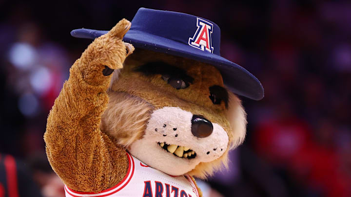 Dec 20, 2025; Phoenix, Arizona, USA; Arizona Wildcats mascot Wilbur against the San Diego State Aztecs in the second half during the Hall of Fame Series at Mortgage Matchup Center. Mandatory Credit: Mark J. Rebilas-Imagn Images