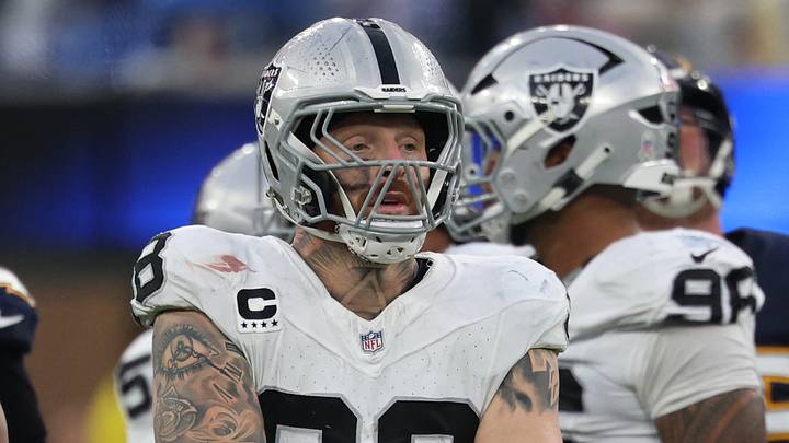 Nov 30, 2025; Inglewood, California, USA; Las Vegas Raiders defensive end Maxx Crosby (98) reacts during the second half at SoFi Stadium. Mandatory Credit: Kiyoshi Mio-Imagn Images Nov 30, 2025; Inglewood, California, USA; Las Vegas Raiders defensive end Maxx Crosby (98) reacts during the second half at SoFi Stadium. Mandatory Credit: Kiyoshi Mio-Imagn Images