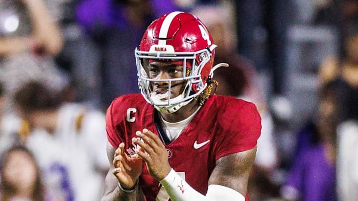 Nov 9, 2024; Baton Rouge, Louisiana, USA; Alabama Crimson Tide quarterback Jalen Milroe (4) calls for the ball against LSU Tigers safety Major Burns (8) during the second half at Tiger Stadium. Mandatory Credit: Stephen Lew-Imagn Images Nov 9, 2024; Baton Rouge, Louisiana, USA; Alabama Crimson Tide quarterback Jalen Milroe (4) calls for the ball against LSU Tigers safety Major Burns (8) during the second half at Tiger Stadium. Mandatory Credit: Stephen Lew-Imagn Images