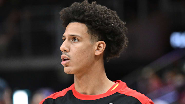 Jalen Johnson #1 of the Atlanta Hawks looks on before facing the Chicago Bulls.