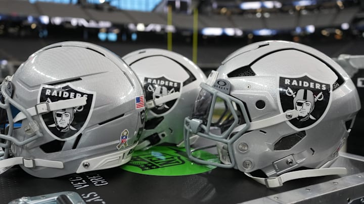 Nov 23, 2025; Paradise, Nevada, USA; Las Vegas Raiders helmets on the sidelines at Allegiant Stadium. Mandatory Credit: Kirby Lee-Imagn Images