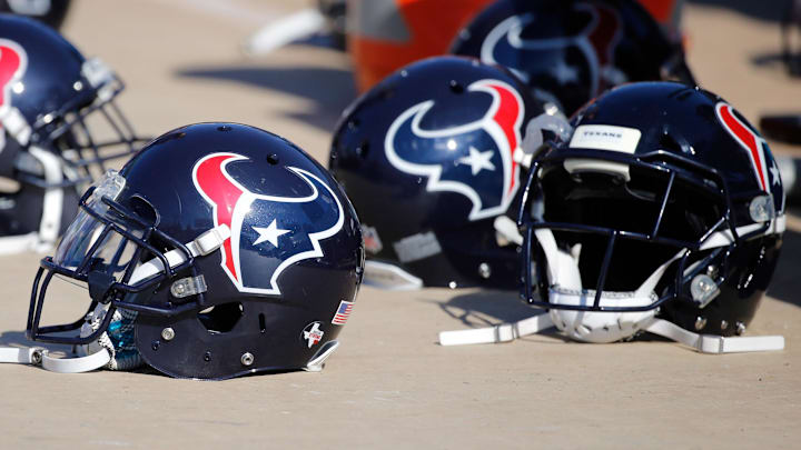 Dec 17, 2017; Jacksonville, FL, USA; Houston Texans helmets lay on the field during the first quarter at EverBank Field. Mandatory Credit: Kim Klement-Imagn Images