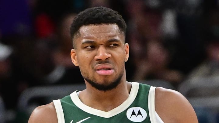 Milwaukee Bucks forward Giannis Antetokounmpo reacts against the Boston Celtics at Fiserv Forum on Nov 10, 2024. Milwaukee Bucks forward Giannis Antetokounmpo reacts against the Boston Celtics at Fiserv Forum on Nov 10, 2024.