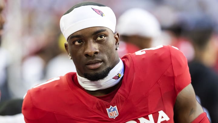 Dec 7, 2025; Glendale, Arizona, USA; Arizona Cardinals cornerback Garrett Williams (21) against the Los Angeles Rams at State Farm Stadium. Mandatory Credit: Mark J. Rebilas-Imagn Images