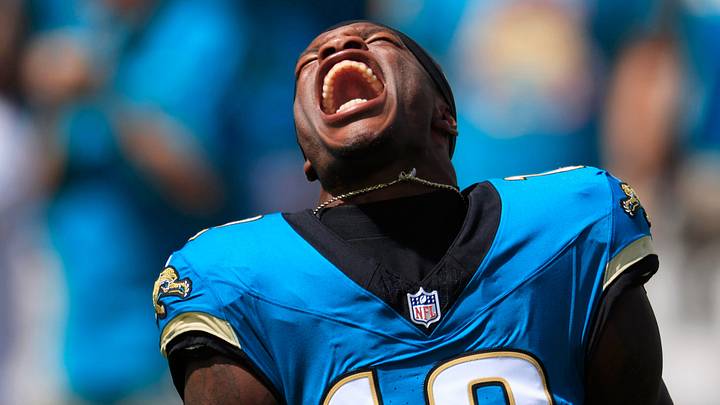 Jacksonville Jaguars wide receiver Travis Hunter (12) yells as his is introduced before an NFL football matchup at EverBank Stadium, Sunday, Sept. 21, 2025, in Jacksonville, Fla. 