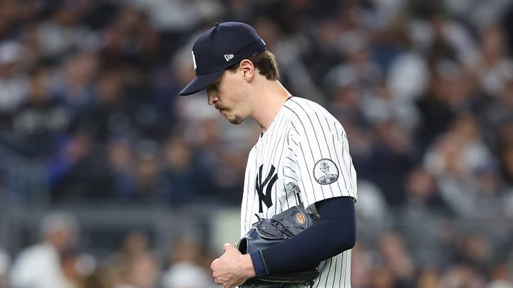 Oct 7, 2026; Bronx, New York, USA;  New York Yankees pitcher Max Fried (54) reacts after being taken out of the game during the sixth inning against the Tampa Bay Rays in game three of the ALDS for the 2026 MLB Playoffs at Yankee Stadium.  Mandatory Credit: Wendell Cruz-Imagn Images