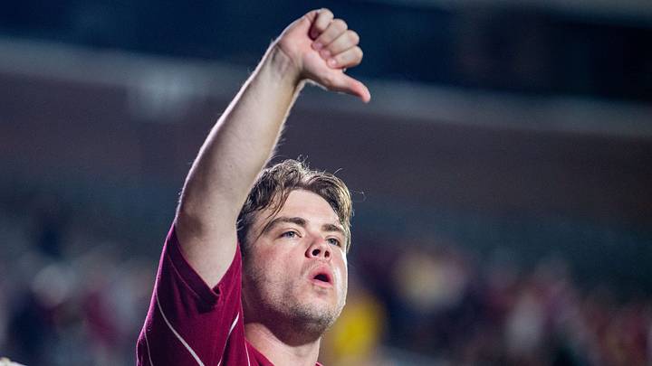 A Florida State fan holds up a thumbs down signal while yelling “boo” at Florida State Seminoles head coach Mike Norvell after the Seminoles lost to the SMU Mustangs on Monday, Sept. 7, 2026.