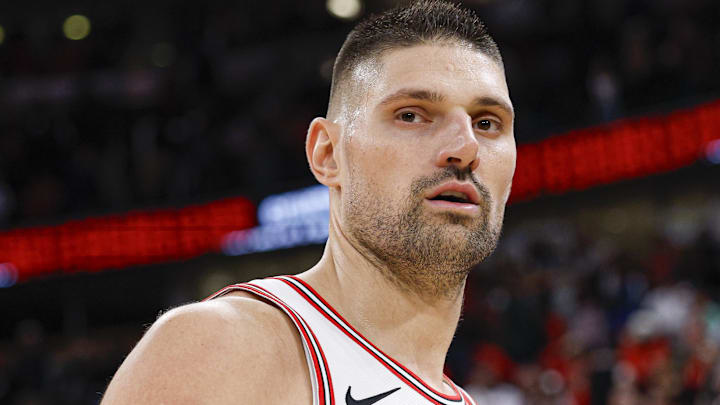 Nov 4, 2025; Chicago, Illinois, USA; Chicago Bulls center Nikola Vucevic (9) smiles after an NBA game against the Philadelphia 76ers at United Center. Mandatory Credit: Kamil Krzaczynski-Imagn Images