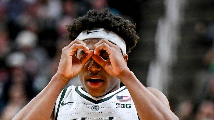 Michigan State's Jeremy Fears Jr. celebrates after an assist to Coen Carr during the first half against Iowa on Tuesday, Dec. 2, 2025, at the Breslin Center in East Lansing. Michigan State's Jeremy Fears Jr. celebrates after an assist to Coen Carr during the first half against Iowa on Tuesday, Dec. 2, 2025, at the Breslin Center in East Lansing.