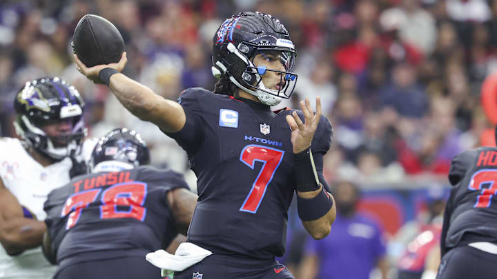 Dec 15, 2024; Houston, Texas, USA; Houston Texans quarterback C.J. Stroud (7) attempts a pass during the first quarter against the Baltimore Ravens at NRG Stadium. Mandatory Credit: Troy Taormina-Imagn Images Dec 15, 2024; Houston, Texas, USA; Houston Texans quarterback C.J. Stroud (7) attempts a pass during the first quarter against the Baltimore Ravens at NRG Stadium. Mandatory Credit: Troy Taormina-Imagn Images