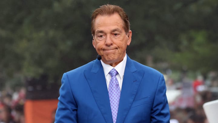 Nick Saban is on stage at ESPN College GameDay ahead of the University of Oklahoma-Michigan College football game on Sep 6, 2025 in Norman.