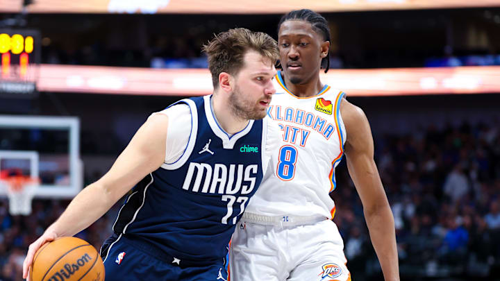 Feb 10, 2024; Dallas, Texas, USA; Dallas Mavericks guard Luka Doncic (77) drives to the basket as Oklahoma City Thunder forward Jalen Williams (8) defends during the second half at American Airlines Center. Mandatory Credit: Kevin Jairaj-Imagn Images Feb 10, 2024; Dallas, Texas, USA; Dallas Mavericks guard Luka Doncic (77) drives to the basket as Oklahoma City Thunder forward Jalen Williams (8) defends during the second half at American Airlines Center. Mandatory Credit: Kevin Jairaj-Imagn Images
