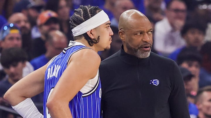 Apr 27, 2026; Orlando, Florida, USA; Orlando Magic head coach Jamahl Mosley talks with guard Anthony Black (0) during the first quarter against the Detroit Pistons during game four of the first round of the 2026 NBA Playoffs at Kia Center. Mandatory Credit: Mike Watters-Imagn Images