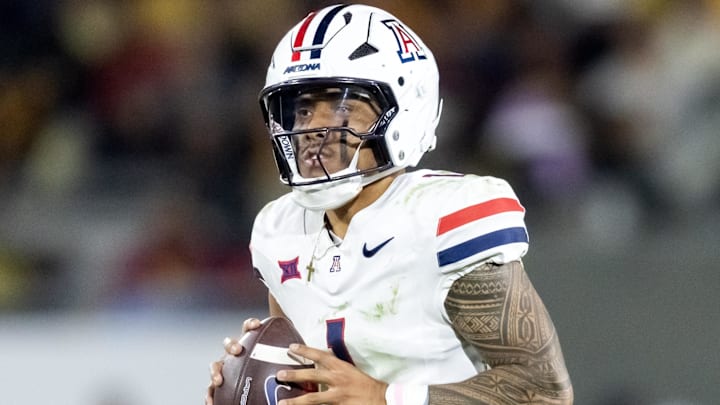 Nov 28, 2025; Tempe, Arizona, USA; Arizona Wildcats quarterback Noah Fifita (1) against the Arizona State Sun Devils during the 99th Territorial Cup at Mountain America Stadium. Mandatory Credit: Mark J. Rebilas-Imagn Images