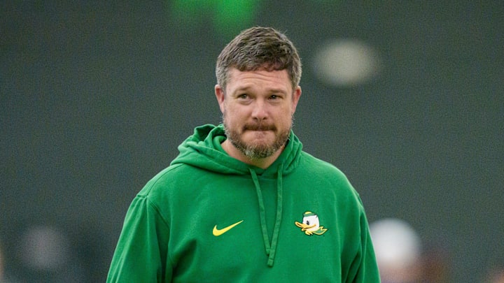 Oregon head coach Dan Lanning attends Oregon Pro Day on March 17, 2026, at the Moshofsky Center in Eugene, Oregon. 