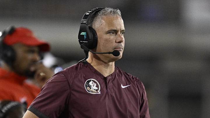 Sep 28, 2024; Dallas, Texas, USA; Florida State Seminoles head coach Mike Norvell during the game between the Southern Methodist Mustangs and the Florida State Seminoles at Gerald J. Ford Stadium. Mandatory Credit: Jerome Miron-Imagn Images