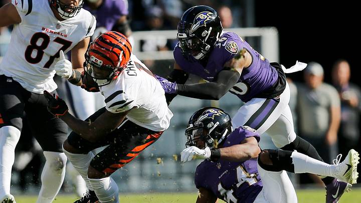 Cincinnati Bengals wide receiver Ja'Marr Chase (1) breaks tackles as he takes a reception 82 yards for a touchdown in the third quarter of the NFL Week 7 game between the Baltimore Ravens and the Cincinnati Bengals at M&T Bank Stadium in Baltimore on Sunday, Oct. 24, 2021. The Bengals moved into the top of the AFC North with a 41-17 win over the Ravens.
Cincinnati Bengals At Baltimore Ravens Week 7 Cincinnati Bengals wide receiver Ja'Marr Chase (1) breaks tackles as he takes a reception 82 yards for a touchdown in the third quarter of the NFL Week 7 game between the Baltimore Ravens and the Cincinnati Bengals at M&T Bank Stadium in Baltimore on Sunday, Oct. 24, 2021. The Bengals moved into the top of the AFC North with a 41-17 win over the Ravens.
Cincinnati Bengals At Baltimore Ravens Week 7