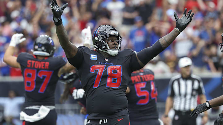 Oct 6, 2024; Houston, Texas, USA; Houston Texans offensive tackle Laremy Tunsil (78) celebrates after the Texans defeated the Buffalo Bills at NRG Stadium. Mandatory Credit: Troy Taormina-Imagn Images