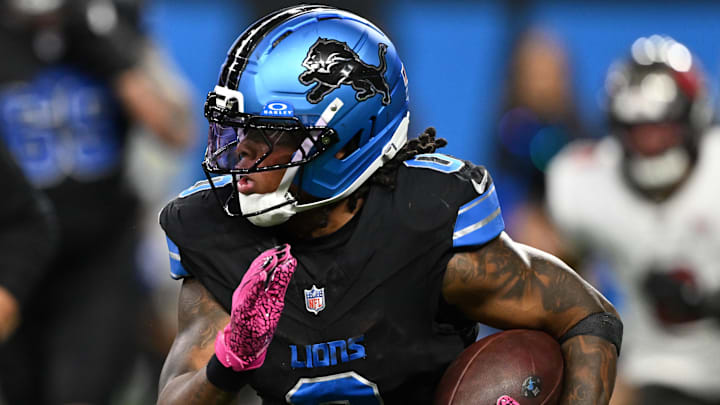 Detroit Lions running back Jahmyr Gibbs (0) rushes the ball against the Tampa Bay Buccaneers during the first half Detroit Lions running back Jahmyr Gibbs (0) rushes the ball against the Tampa Bay Buccaneers during the first half