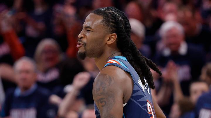 May 7, 2026; Oklahoma City, Oklahoma, USA; Oklahoma City Thunder guard Cason Wallace (22) celebrates after scoring against the Los Angeles Lakers in the second half during game two of the second round of the 2026 NBA Playoffs at Paycom Center. Mandatory Credit: Alonzo Adams-Imagn Images