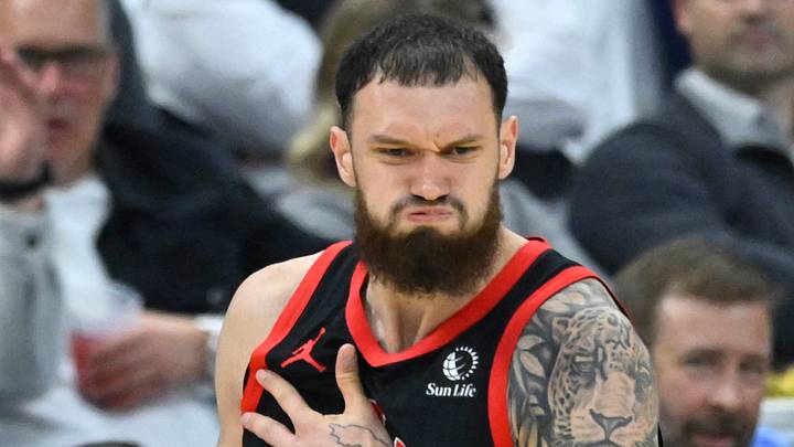 Apr 29, 2026; Cleveland, Ohio, USA; Toronto Raptors forward Sandro Mamukelashvili (54) celebrates his three-point basket against the Cleveland Cavaliers in the third quarter of game five of the first round of the 2026 NBA Playoffs at Rocket Arena. Mandatory Credit: David Richard-Imagn Images