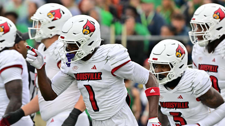 Sep 28, 2024; South Bend, Indiana, USA; Louisville Cardinals wide receiver Ja'Corey Brooks (1) celebrates after a touchdown catch against the Notre Dame Fighting Irish in the second quarter at Notre Dame Stadium.