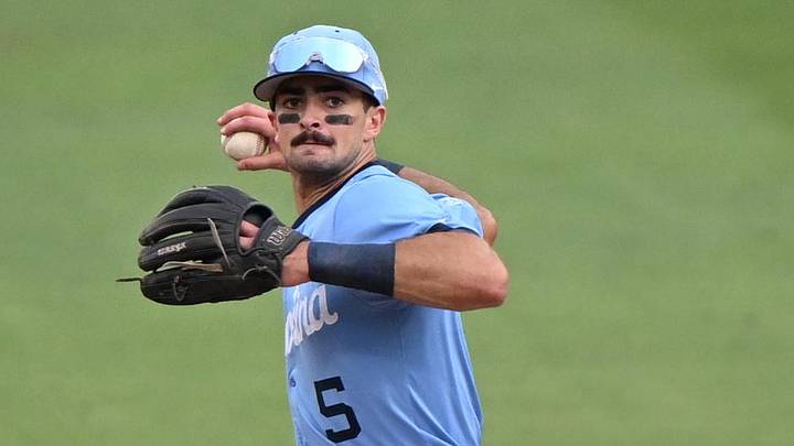 May 30, 2026; Chapel Hill, NC, USA; North Carolina Tar Heels infielder Gavin Gallaher (5) throws to first for a double play during game 4 of the Chapel Hill Regional at Boshamer Stadium. Mandatory Credit: William Howard-Imagn Images May 30, 2026; Chapel Hill, NC, USA; North Carolina Tar Heels infielder Gavin Gallaher (5) throws to first for a double play during game 4 of the Chapel Hill Regional at Boshamer Stadium. Mandatory Credit: William Howard-Imagn Images