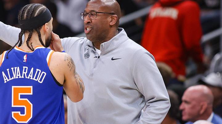 New York Knicks head coach Mike Brown talks to guard Jose Alvarado (5) against the Atlanta Hawks in the second quarter during game six of the first round of the 2026 NBA Playoffs at State Farm Arena.