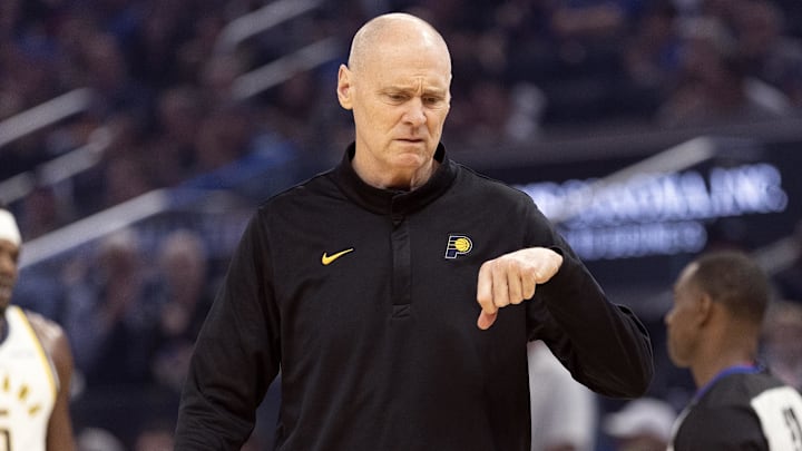 Indiana Pacers head coach Rick Carlisle takes a timeout against the Golden State Warriors during the first quarter at Chase Center.