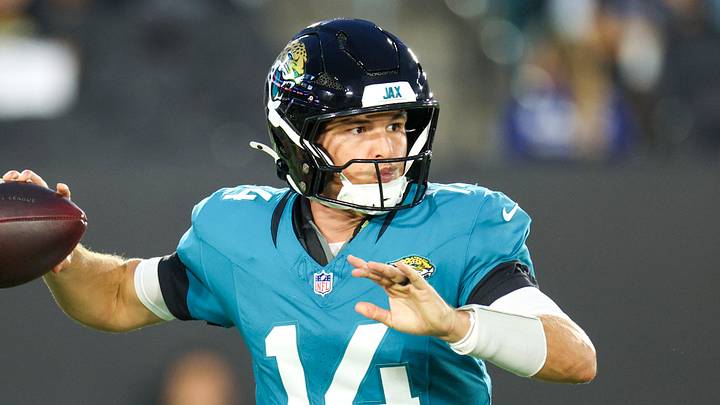 Aug 28, 2026; Jacksonville, Florida, USA; Jacksonville Jaguars quarterback Nick Mullens (14) drops back to pass against the Tampa Bay Buccaneers in the first quarter during preseason at EverBank Stadium. Mandatory Credit: Nathan Ray Seebeck-Imagn Images