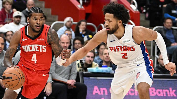 Nov 10, 2024; Detroit, Michigan, USA; Houston Rockets guard Jalen Green (4) drives past Detroit Pistons guard Cade Cunningham (2) in the first quarter at Little Caesars Arena. Mandatory Credit: Lon Horwedel-Imagn Images Nov 10, 2024; Detroit, Michigan, USA; Houston Rockets guard Jalen Green (4) drives past Detroit Pistons guard Cade Cunningham (2) in the first quarter at Little Caesars Arena. Mandatory Credit: Lon Horwedel-Imagn Images