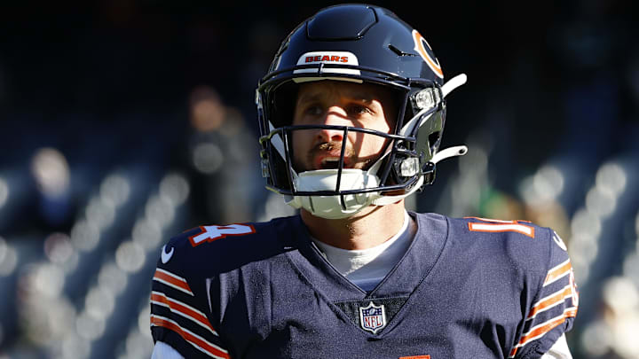 Former Chicago Bears quarterback Nathan Peterman (14) practices before the game against the Philadelphia Eagles at Soldier Field.