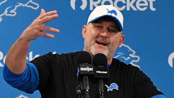 Detroit Lions OC John Morton talks with the media before practice at team's Allen Park Performance Center 