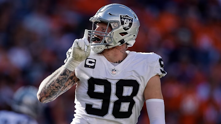 Oct 17, 2021; Denver, Colorado, USA; Las Vegas Raiders defensive end Maxx Crosby (98) reacts after a play in the second quarter against the Denver Broncos at Empower Field at Mile High. Mandatory Credit: Isaiah J. Downing-Imagn Images Oct 17, 2021; Denver, Colorado, USA; Las Vegas Raiders defensive end Maxx Crosby (98) reacts after a play in the second quarter against the Denver Broncos at Empower Field at Mile High. Mandatory Credit: Isaiah J. Downing-Imagn Images